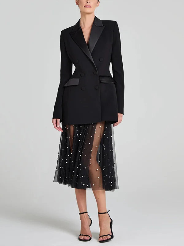 Sofia | Blazer reversibile in satin nero con doppia fila di bottoni