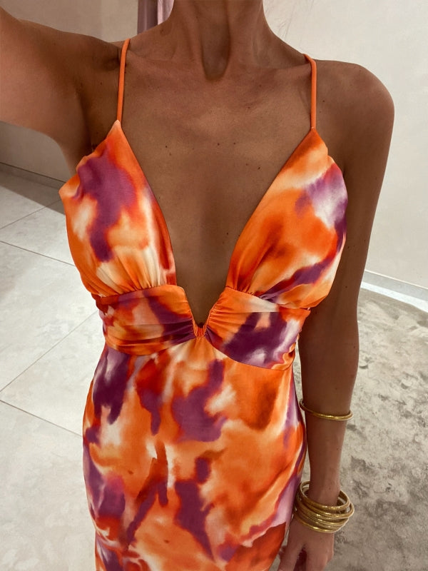 Allegra – Abito Lungo con Stampa Accesa e Spalline Sottili