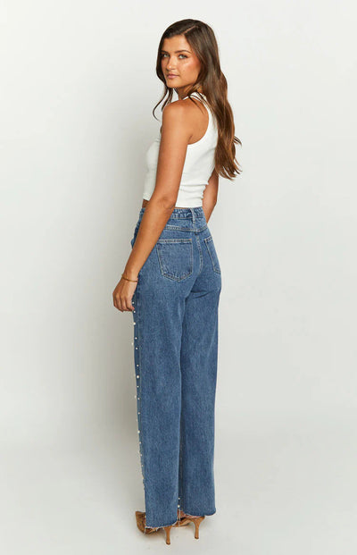 Sofia™ | Celeste - Jeans con Perle di Lusso