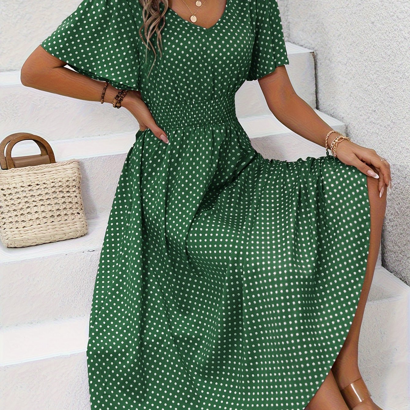 Chic Pink Polka Dot Midi Dress for Women - Casual V-Neck, Ruffle Sleeves, Cinched Waist Design, Lightweight Polyester, Perfect for Spring/Summer, Machine Washable