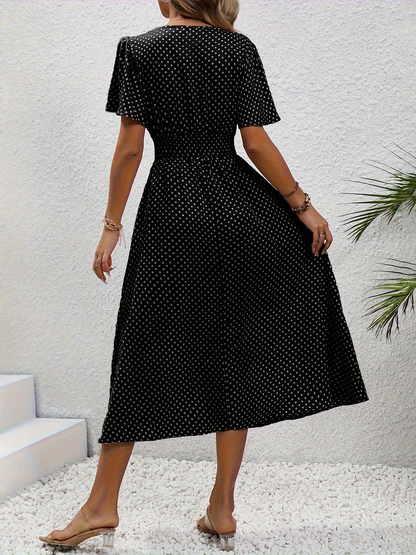 Chic Pink Polka Dot Midi Dress for Women - Casual V-Neck, Ruffle Sleeves, Cinched Waist Design, Lightweight Polyester, Perfect for Spring/Summer, Machine Washable