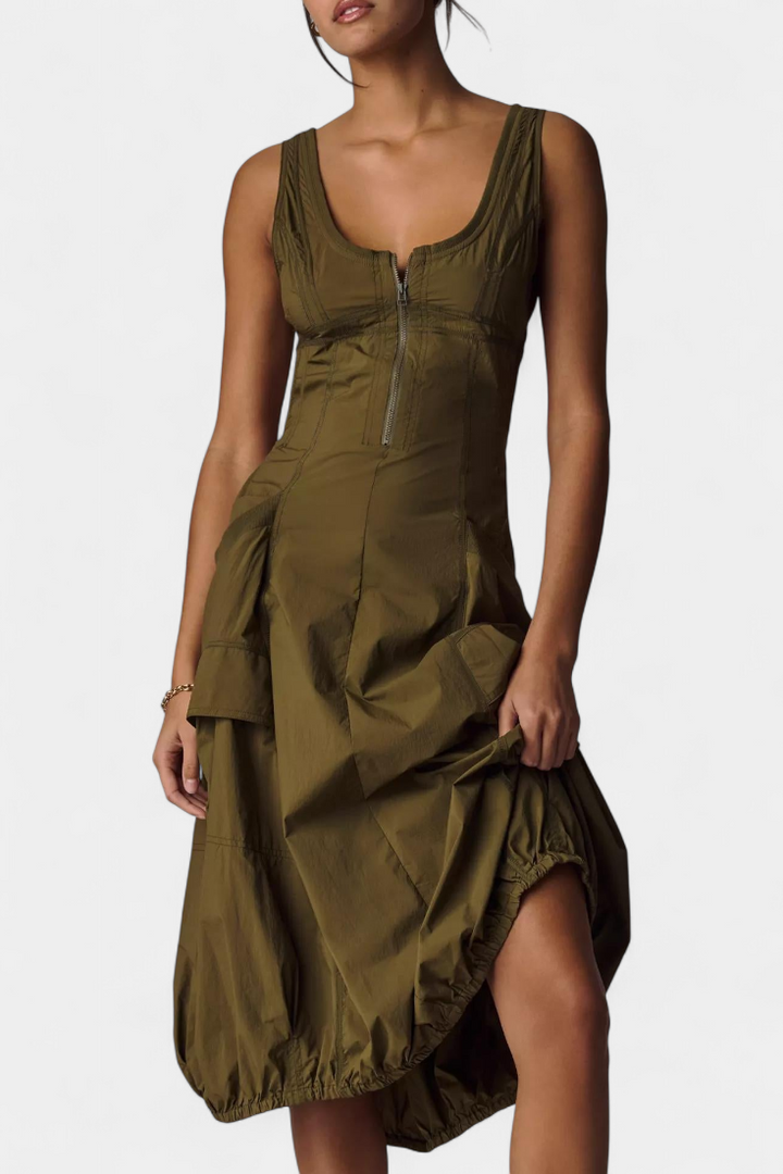 Vestito Midi Katana con Orlo a Bolla e Corsetto Regolabile