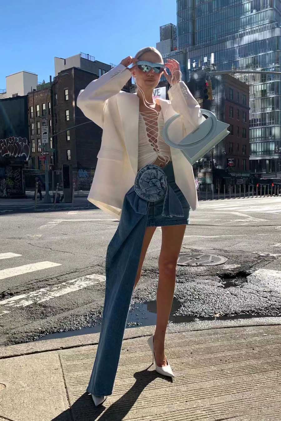 Sofia™ | Mini Denim Skirt with 3D Rose Accents