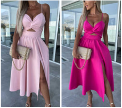 Vanette - Elegante Vestito Midi con Spalline e Spacco Frontale