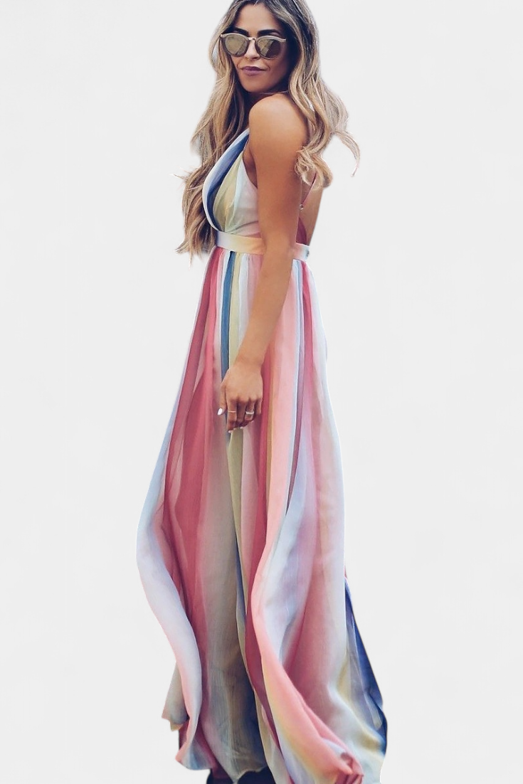 Gretchen Vestito a Righe Multicolore con Scollatura a V