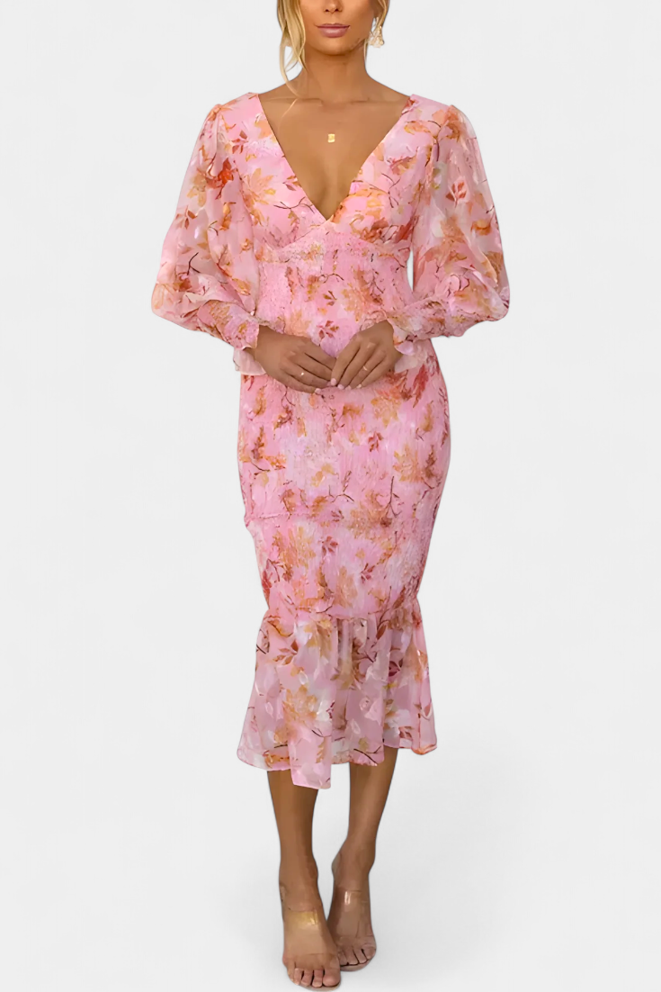 Carly Vestito Floreale con Cintura Arricciata e Maniche Lunghe