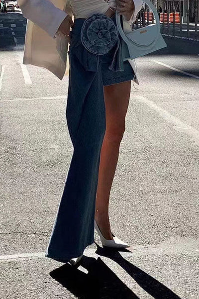 Sofia™ | Mini Denim Skirt with 3D Rose Accents