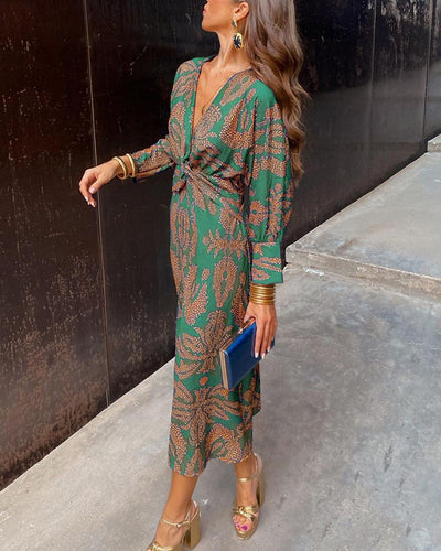 Janella - Abito Midi Vintage Drappeggiato a Maniche Lunghe