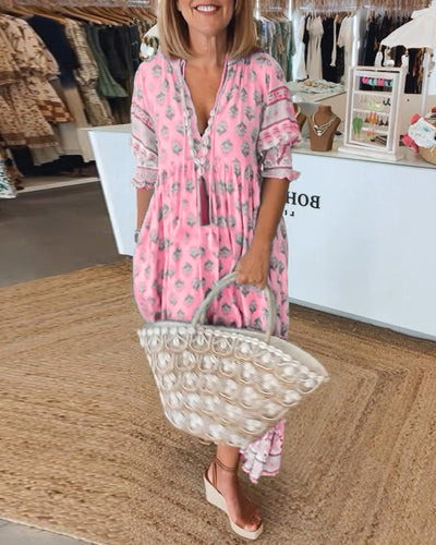 GIULIA | Abito Midi Stampato con Scollo a V e Maniche a Palloncino Eleganti