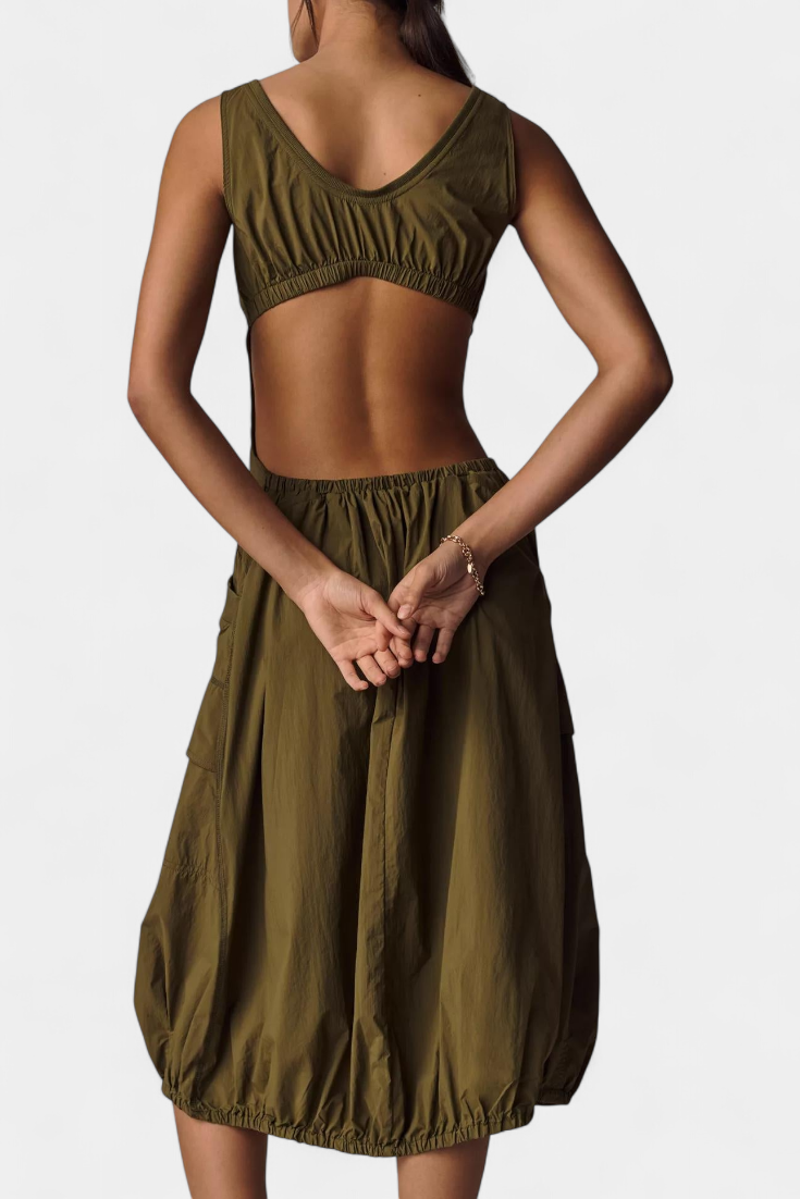 Vestito Midi Katana con Orlo a Bolla e Corsetto Regolabile