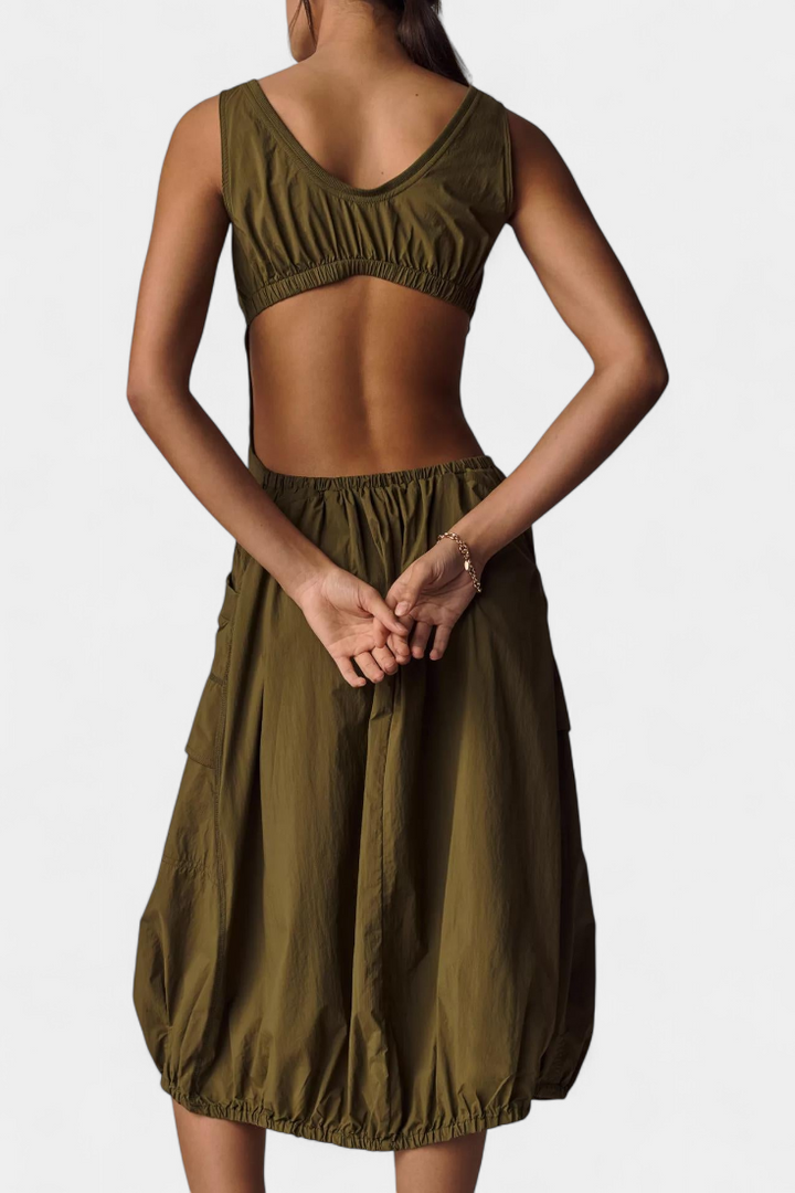 Vestito Midi Katana con Orlo a Bolla e Corsetto Regolabile