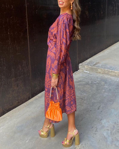 Janella - Abito Midi Vintage Drappeggiato a Maniche Lunghe