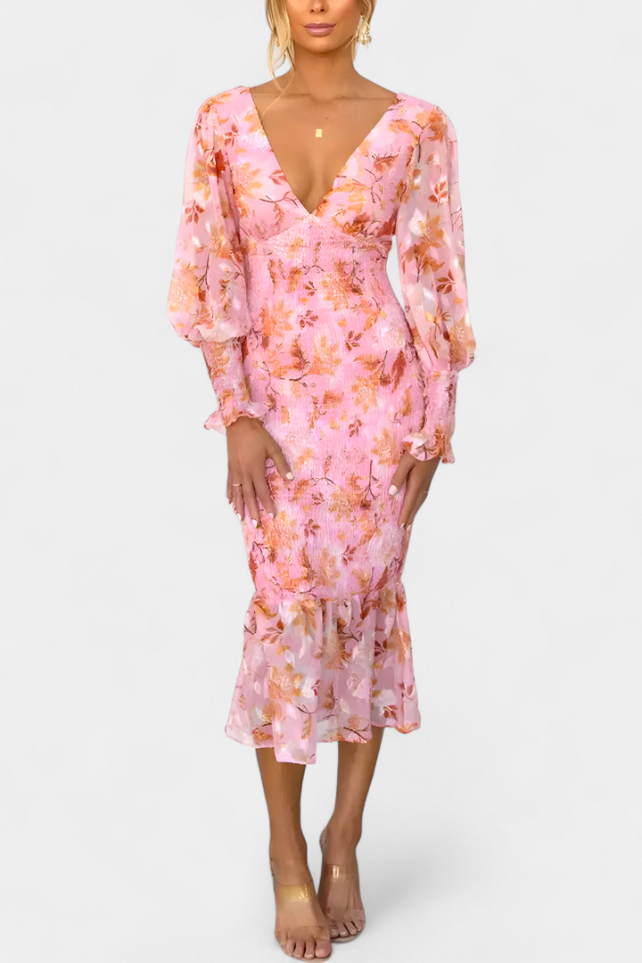 Carly Vestito Floreale con Cintura Arricciata e Maniche Lunghe