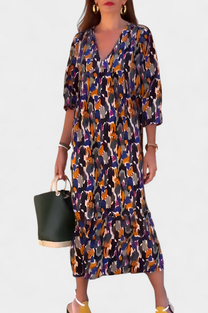 Teodora Vestito Retro Stampato con Scollatura a V