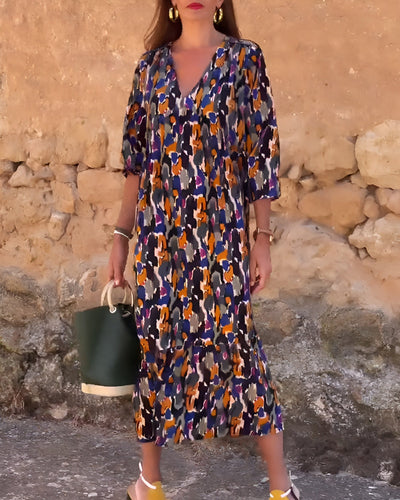 VIOLETTA | Abito Lungo a V con Motivo Retrò e Comfort Elegante per Ogni Momento