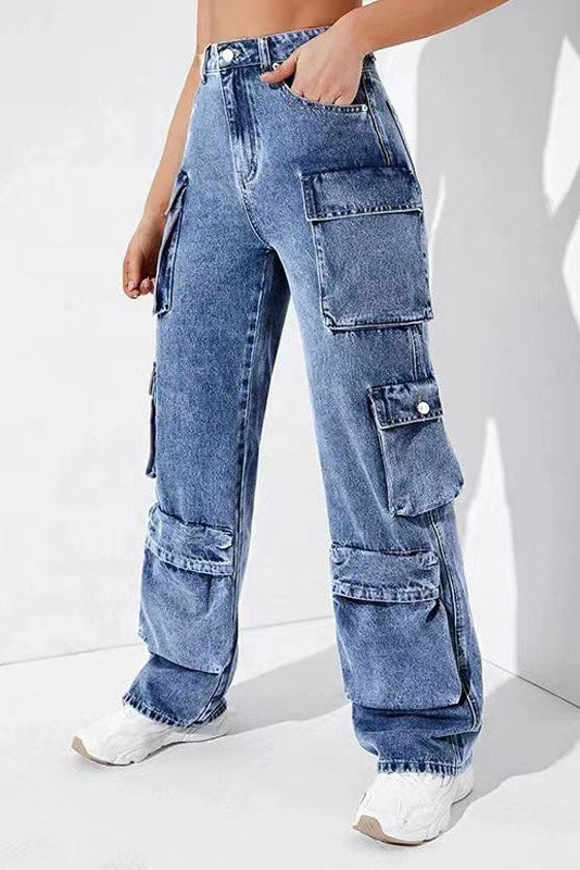 Sofia™ | Pantaloni cargo in denim a vita alta
