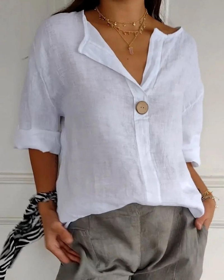 Sofia™ | Elegante top con collo a V e bottoni in cotone e lino