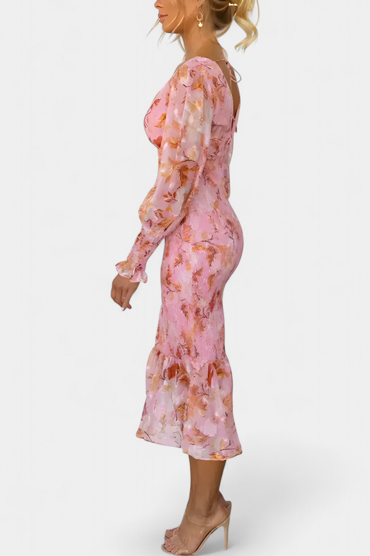 Carly Vestito Floreale con Cintura Arricciata e Maniche Lunghe