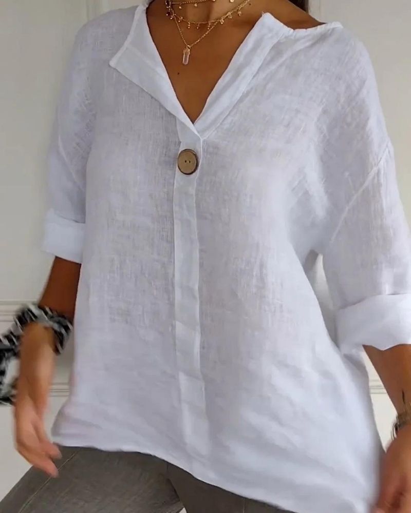 Sofia™ | Elegante top con collo a V e bottoni in cotone e lino