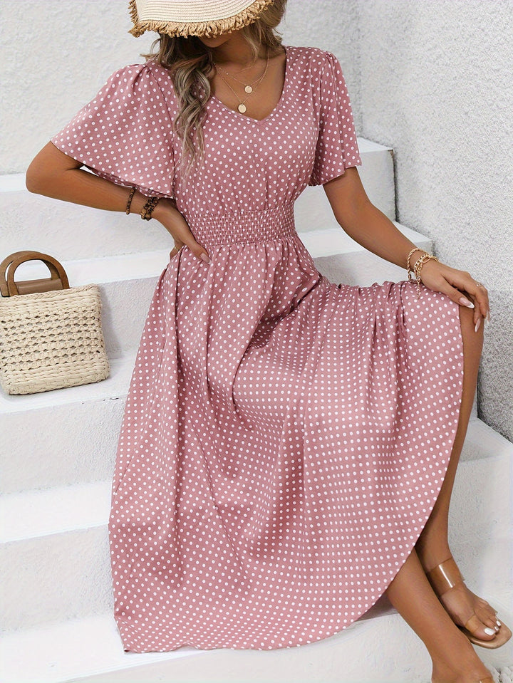 Chic Pink Polka Dot Midi Dress for Women - Casual V-Neck, Ruffle Sleeves, Cinched Waist Design, Lightweight Polyester, Perfect for Spring/Summer, Machine Washable