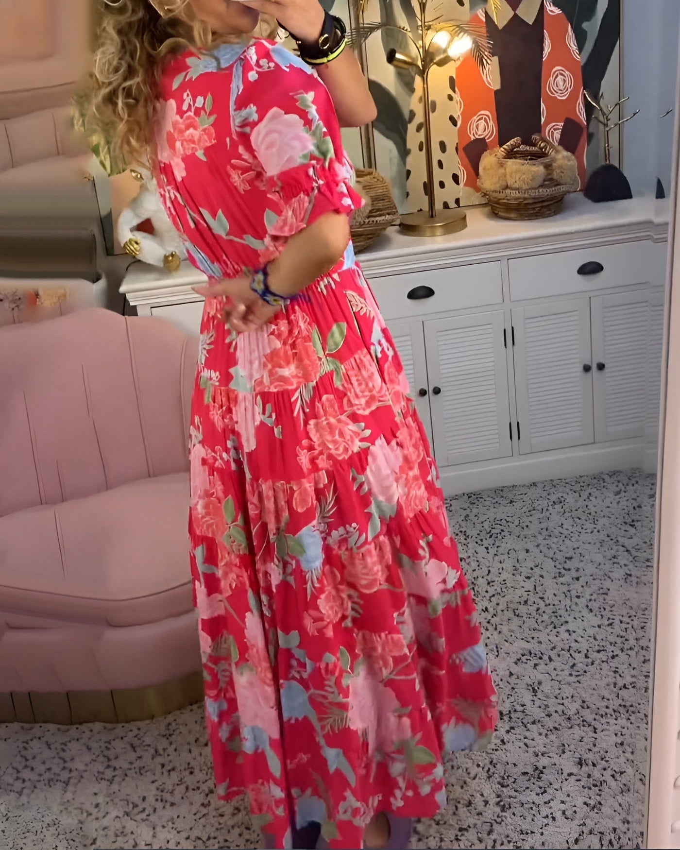 CATERINA | Abito Floreale Lungo con Tasche Nascoste e Taglio Femminile da Giorno