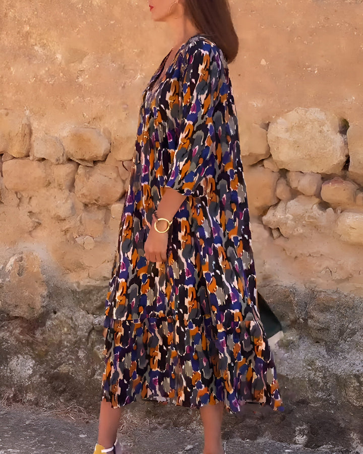 VIOLETTA | Abito Lungo a V con Motivo Retrò e Comfort Elegante per Ogni Momento