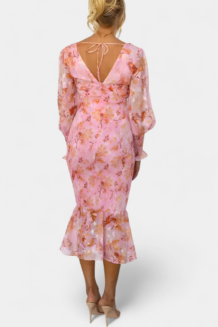 Carly Vestito Floreale con Cintura Arricciata e Maniche Lunghe