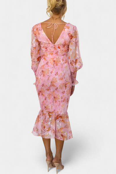 Carly Vestito Floreale con Cintura Arricciata e Maniche Lunghe