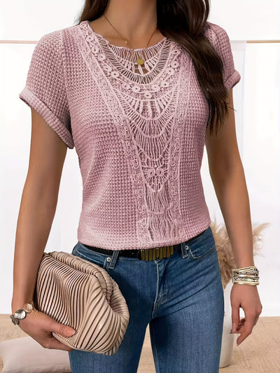 Lace Splicing Crew Neck T-shirt, Casual Short Sleeve Top For Spring & Summer, Women's Clothing
