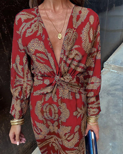 Janella - Abito Midi Vintage Drappeggiato a Maniche Lunghe