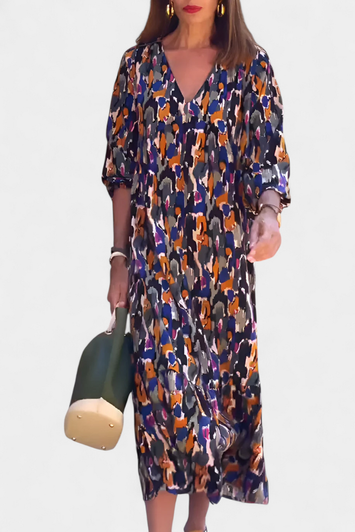 Teodora Vestito Retro Stampato con Scollatura a V