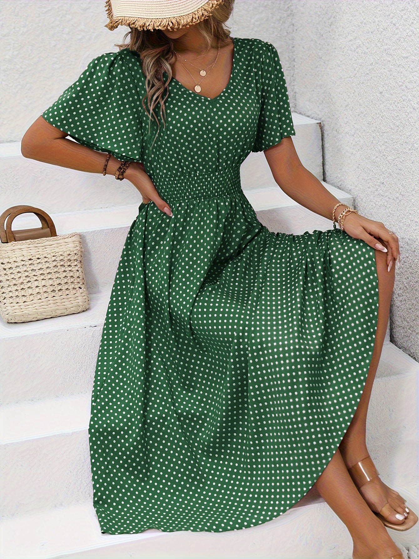Chic Pink Polka Dot Midi Dress for Women - Casual V-Neck, Ruffle Sleeves, Cinched Waist Design, Lightweight Polyester, Perfect for Spring/Summer, Machine Washable