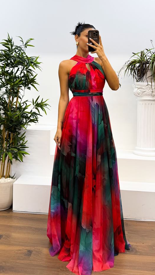 Caprice – Abito Maxi in Chiffon con Collo Halter