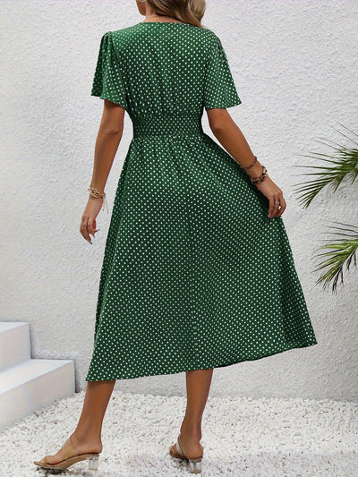 Chic Pink Polka Dot Midi Dress for Women - Casual V-Neck, Ruffle Sleeves, Cinched Waist Design, Lightweight Polyester, Perfect for Spring/Summer, Machine Washable