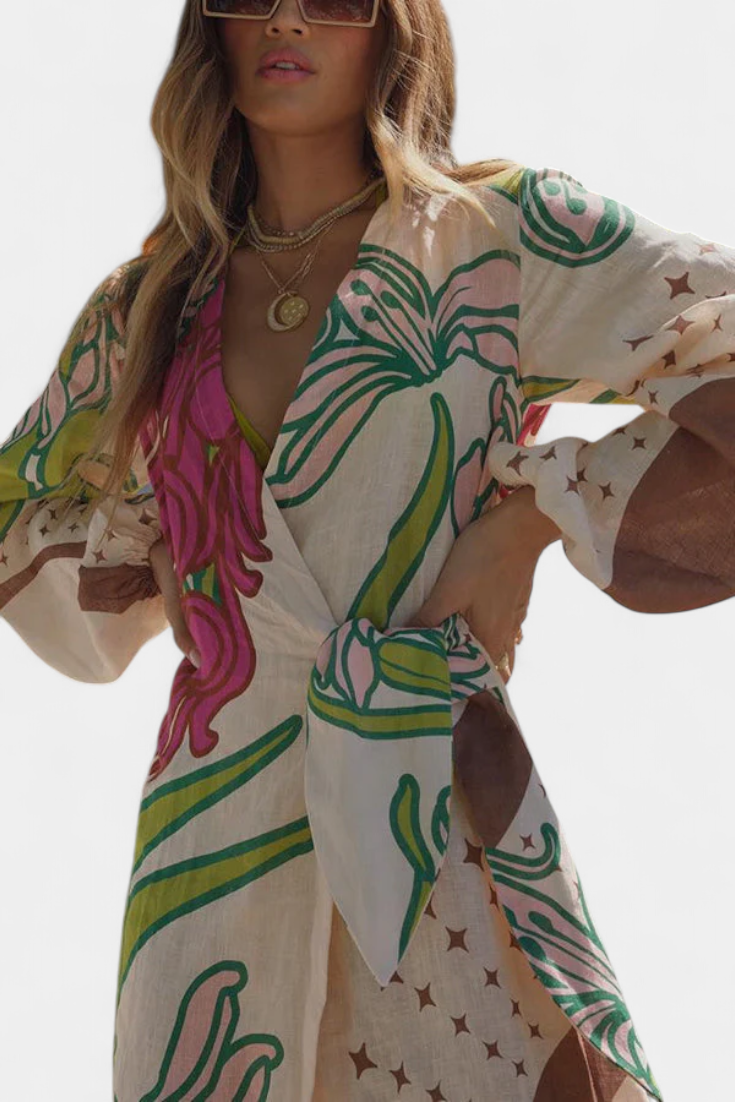 Fana Vestito Incrociato Stampato Floreale con Fiocco in Vita