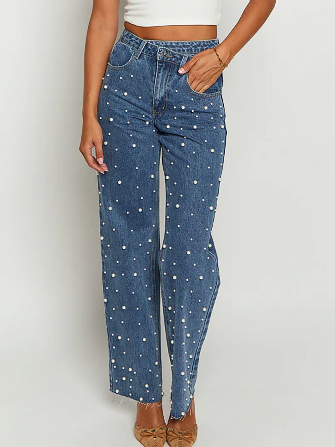 Sofia™ | Celeste - Jeans con Perle di Lusso