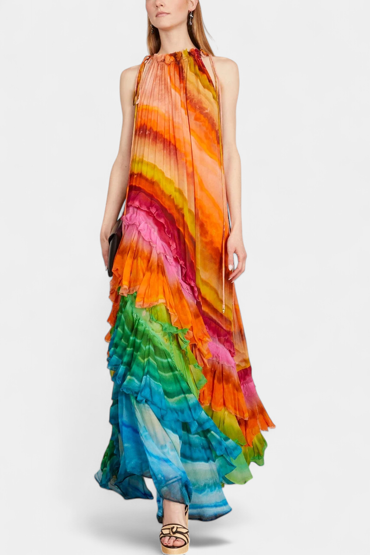 Tori Vestito con Volants e Stampa Multicolore