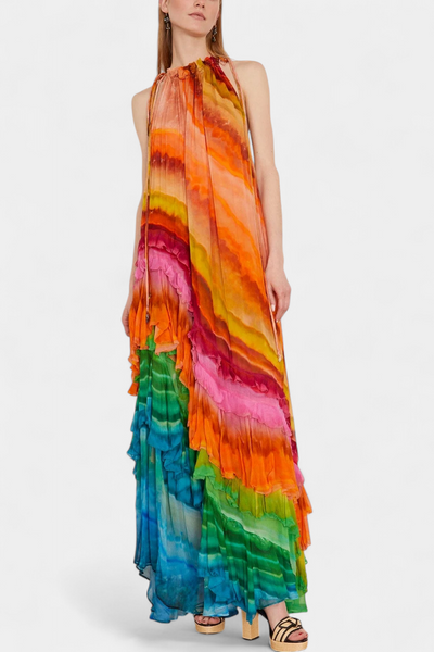 Tori Vestito con Volants e Stampa Multicolore