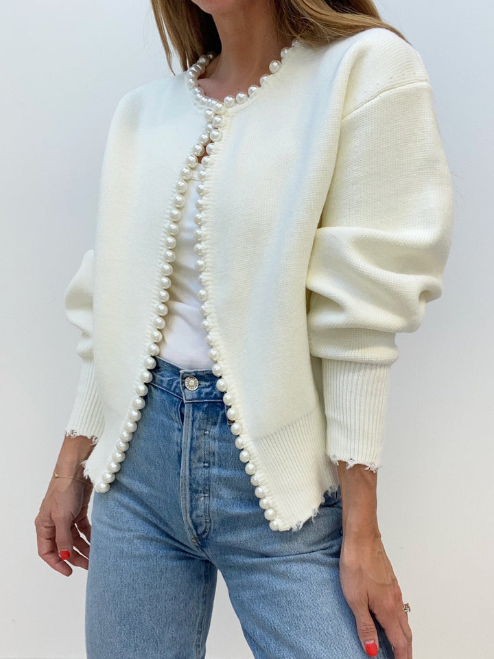 Cardigan con Orlo Strappato e Rifinitura in Perle
