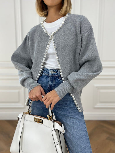 Cardigan con Orlo Strappato e Rifinitura in Perle