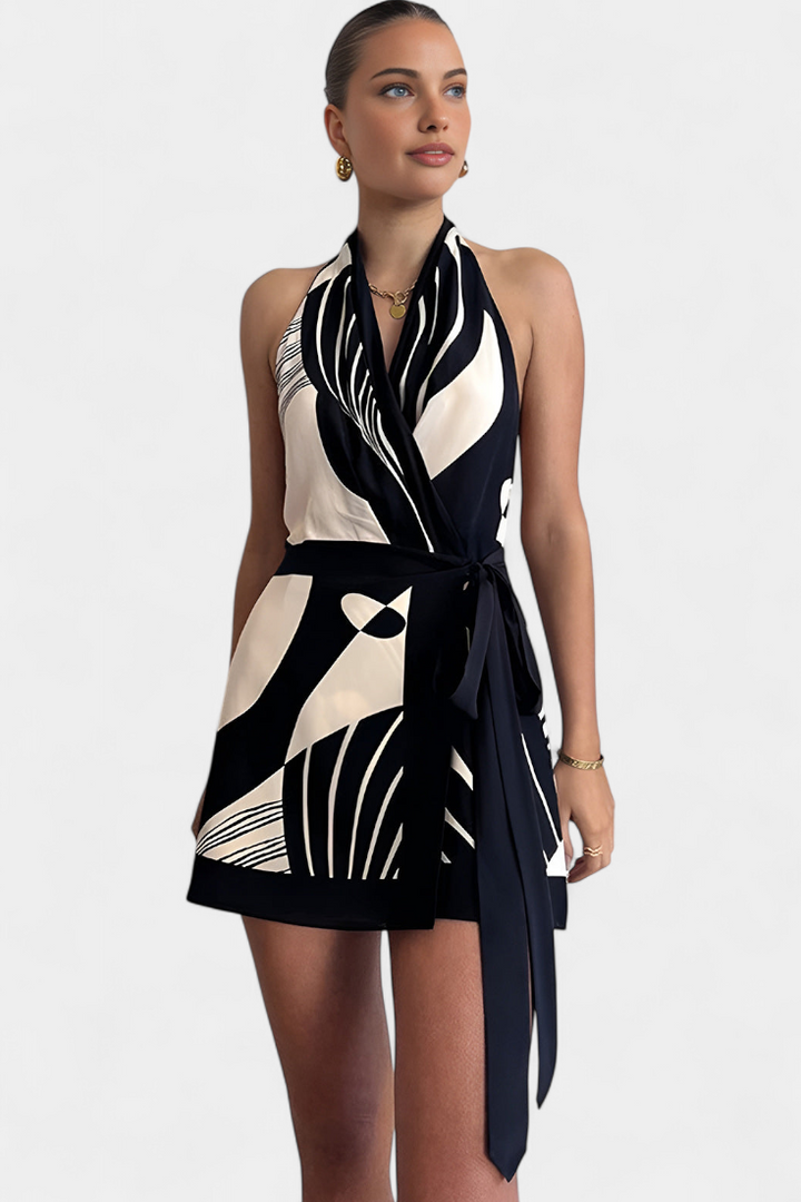 Vestito Corto Halter Fae con Stampa Astratta e Cintura