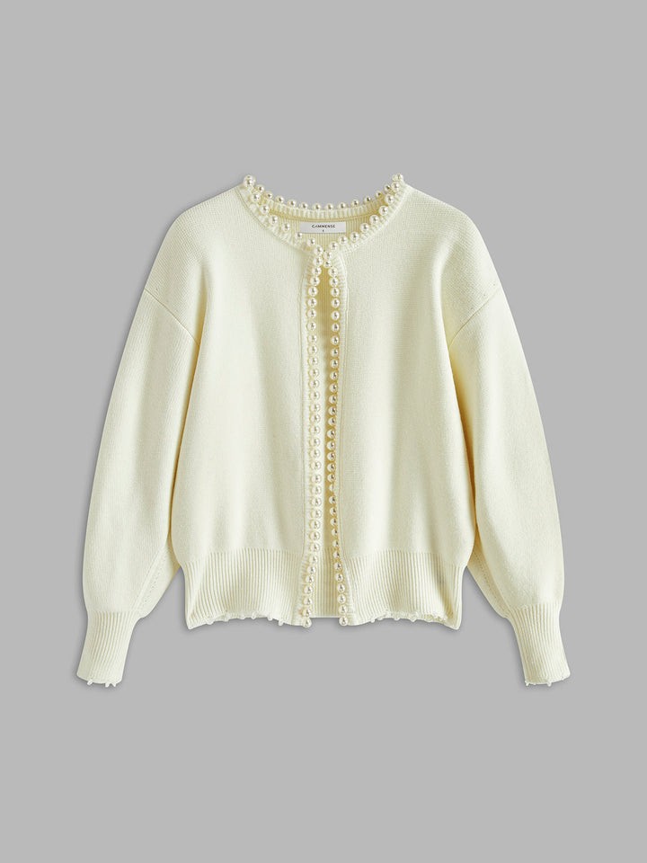Cardigan con Orlo Strappato e Rifinitura in Perle