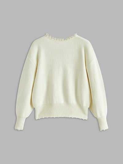 Cardigan con Orlo Strappato e Rifinitura in Perle
