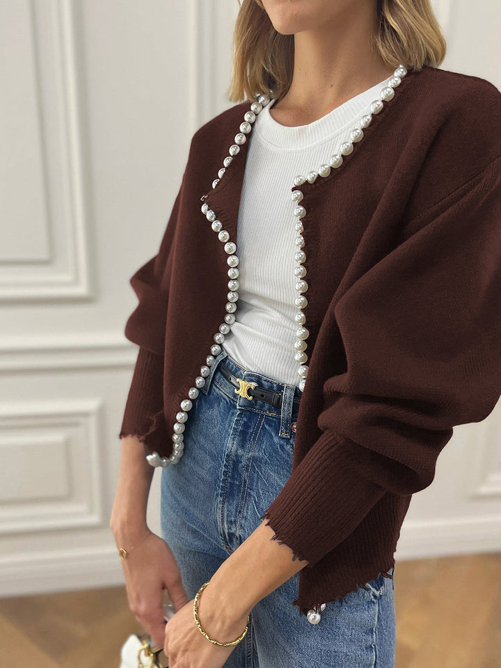 Cardigan con Orlo Strappato e Rifinitura in Perle