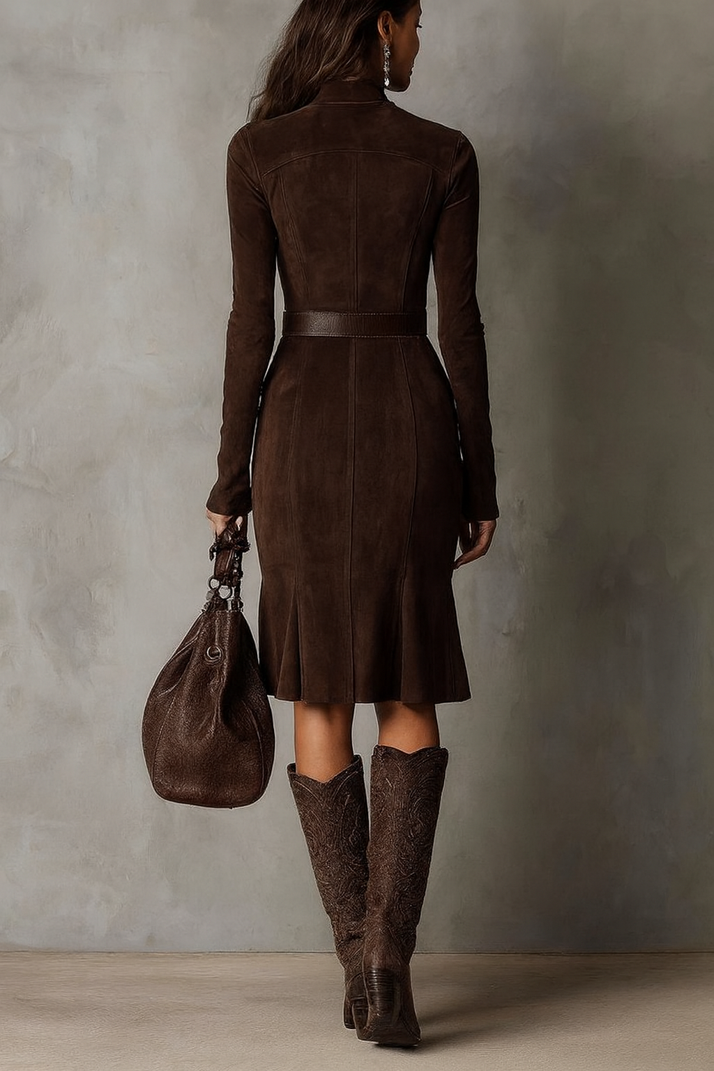 Caterina | Vestito midi marrone vintage con cerniera e cintura