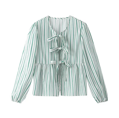 Sofia™ | Blusa corta a peplum con maniche a sbuffo e strisce verdi, decorata con fiocchetti
