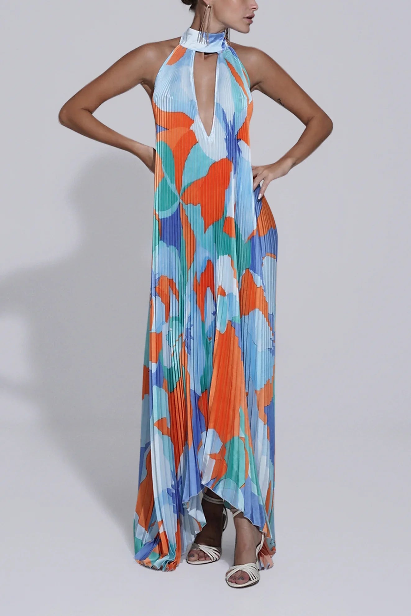 Shalia - Maxi Dress Plissettato con Scollo All'Americana