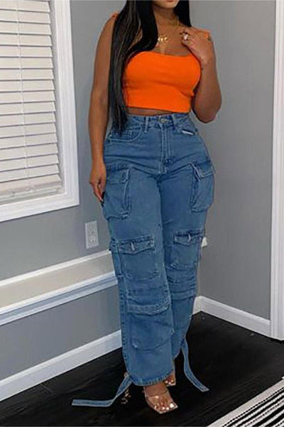 Sofia™ | Pantaloni cargo in denim a vita alta
