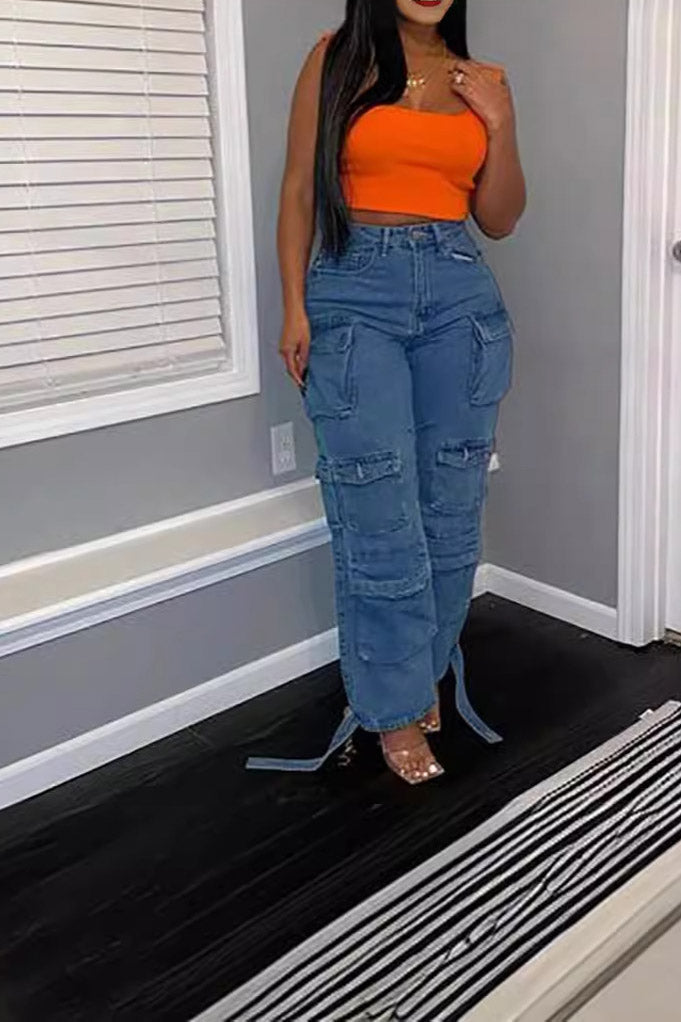 Sofia™ | Pantaloni cargo in denim a vita alta