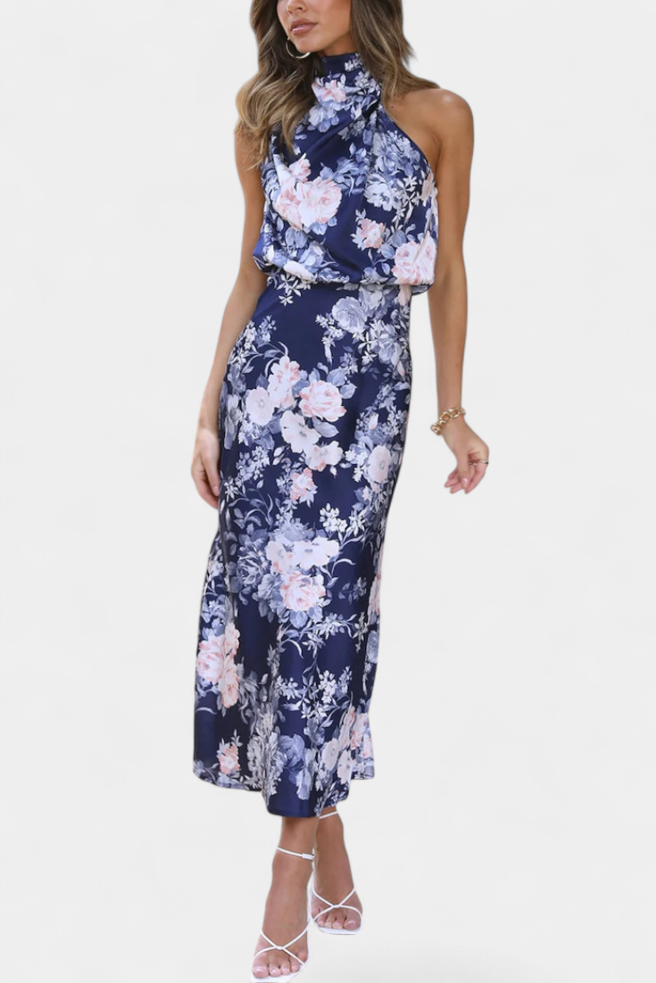 Lisa Abito Maxi Floreale con Collo Halter e Vita Elastica